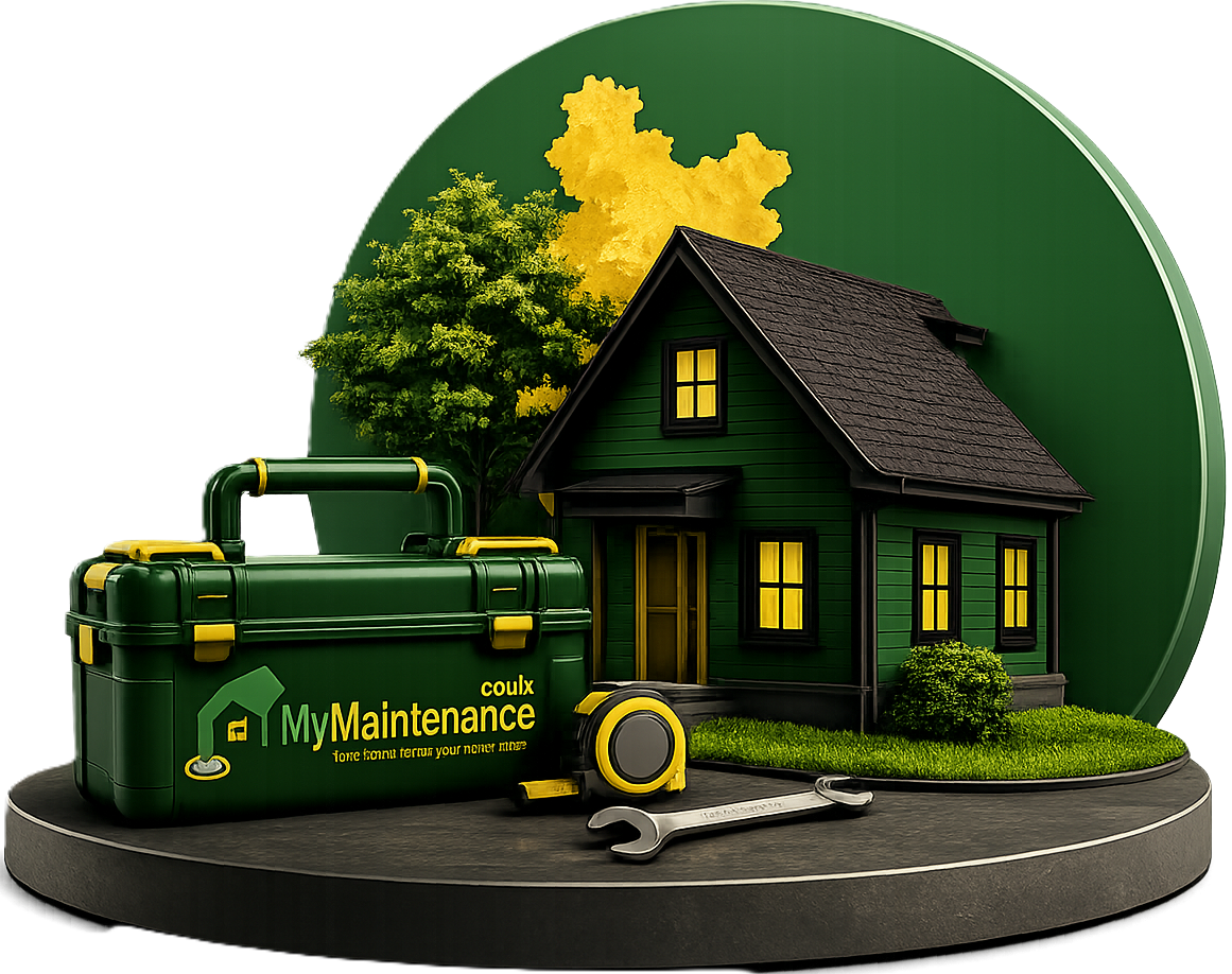 A miniature model house beside a MyMaintenance branded toolbox, tape measure and wrench, set against a green Wrexham & Chester silhouette